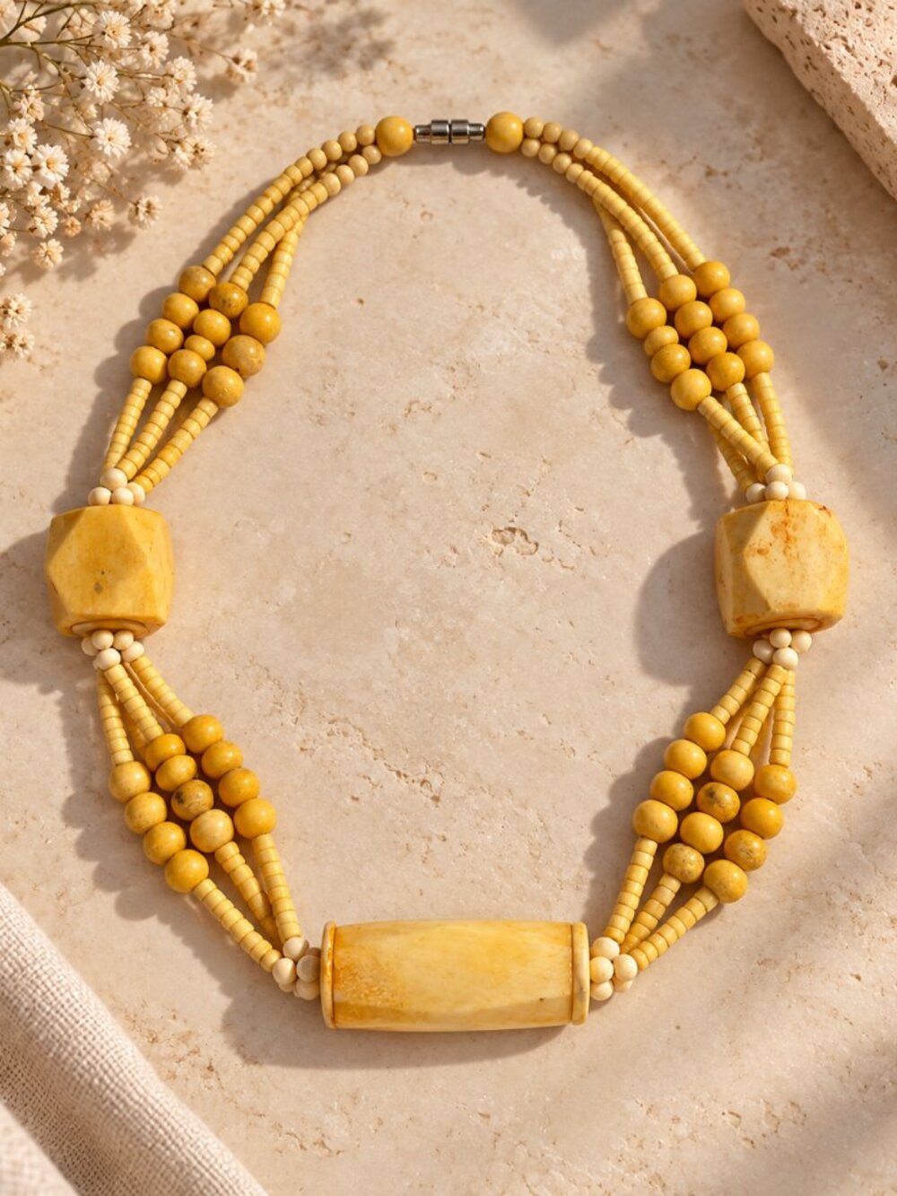 Vintage Carved Bone Multi-Strand Statement Necklace